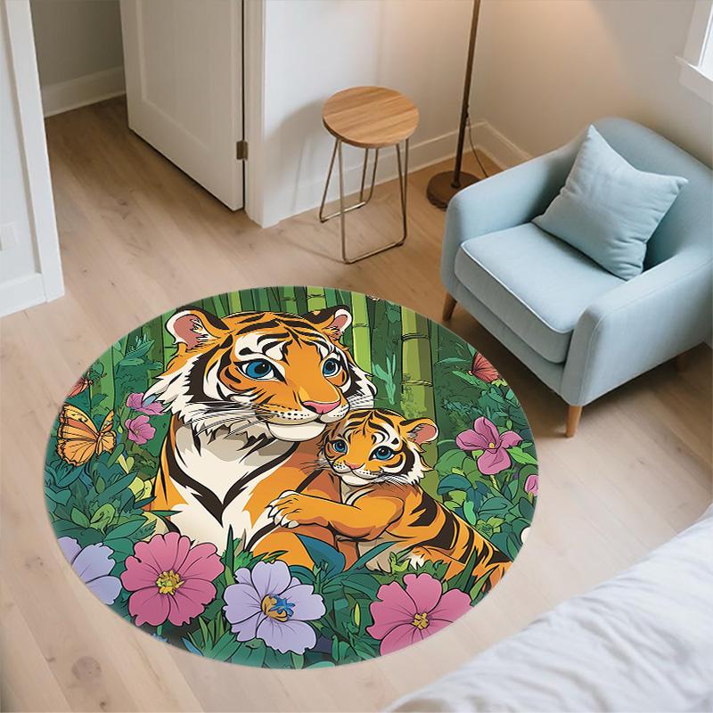 Bamboo Forest Tiger,Round Area Rug,Carpet Rug for Living Room Bedroom Sofa Playroom Decor,Non-slip Floor Mat