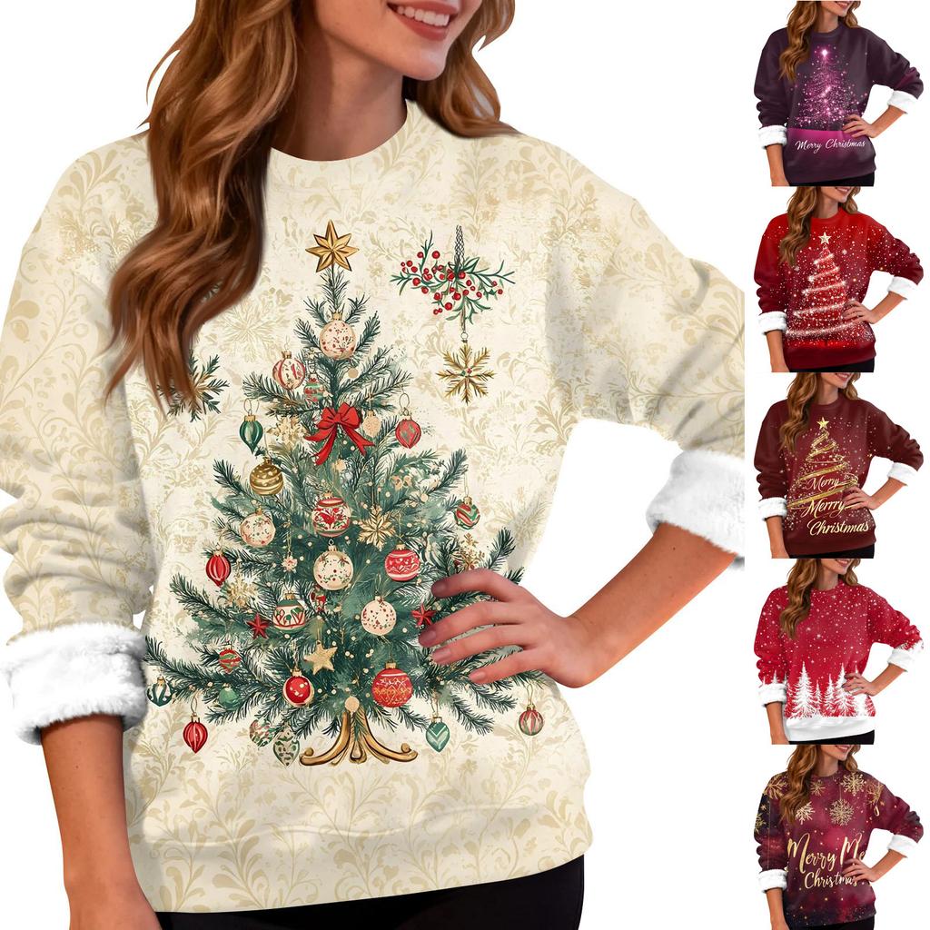 Women's Fashion Casual Long Sleeve Christmas Printed Round Neck Top Sweatshirt