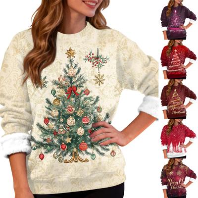 Damenmode Lässig Langarm Weihnachten Bedruckt Rundhals Oberteil Sweatshirt