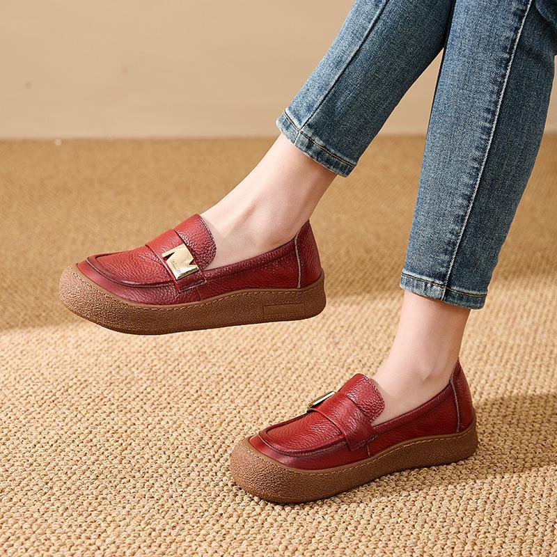 Fashion New real cowhide leather flats women's luxury long walking shoes woman vintage flat moccasin thick durable  loafer slip ons