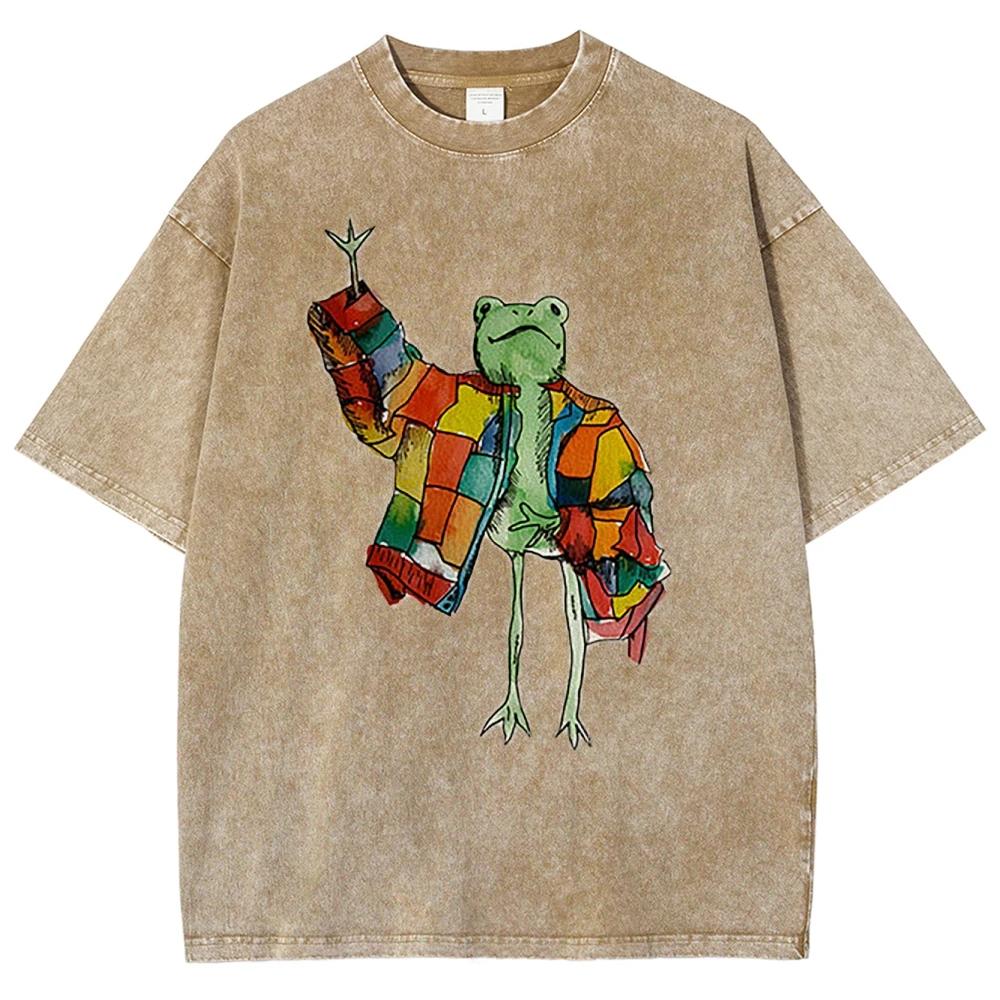 Cute Funny Style Cartoon Frog Print Ladies T-Shirt Loose Wash Oversized Short Sleeve Summer Fashion Cute Top Students