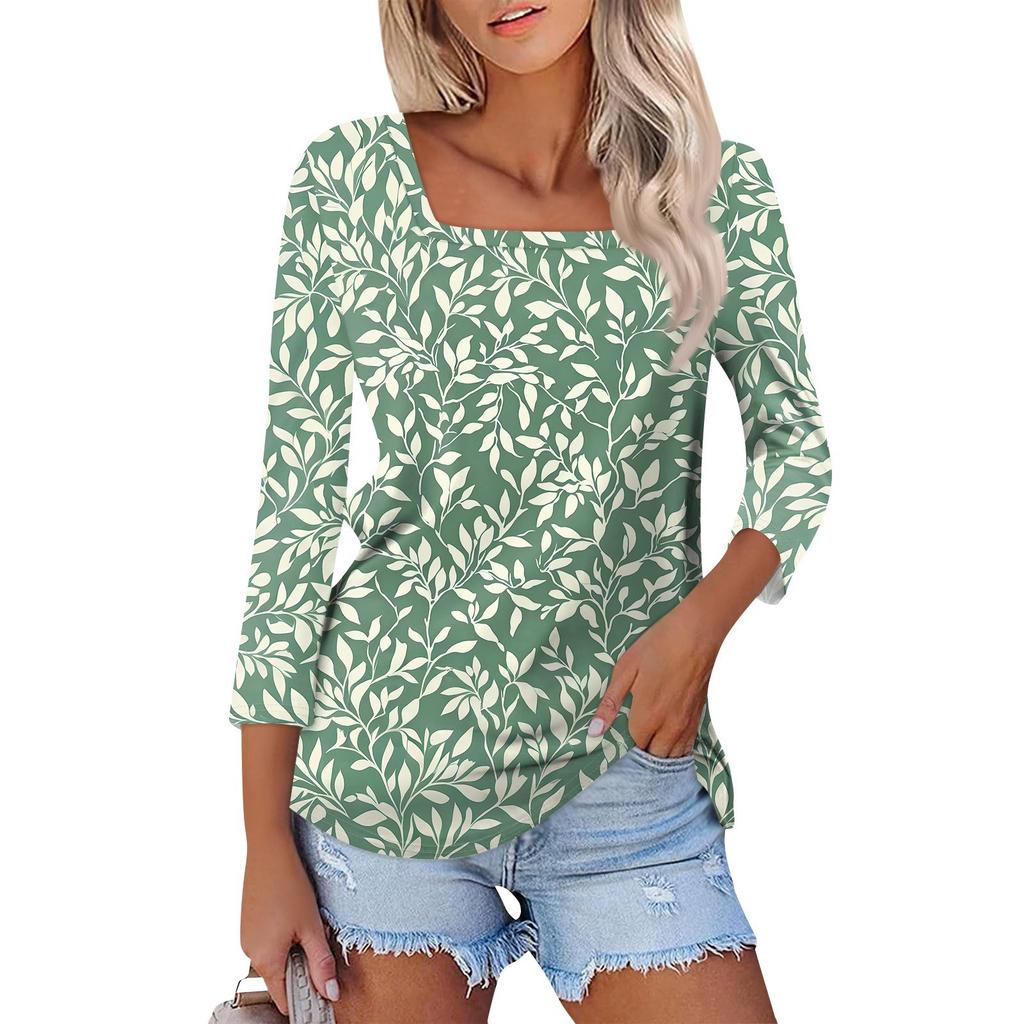 Shirt For Women's Fashion Casual Square Neck 3/4 Sleeve Loose Printed T-Shirt Ladies Top