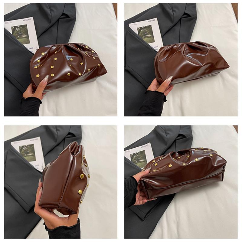 Yogodlns Simple Versatile Clip Evening Handbags for Women Solid Color Rivet Pleated Design Ladies Clutch Female Soft Pu Leather Purse