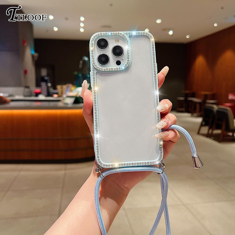 Diamond Glitter Crossbody Necklace Lanyard Case For iPhone 16 16E 11 12 13 14 15 Pro Max Plus Bling Transparent Soft Cover