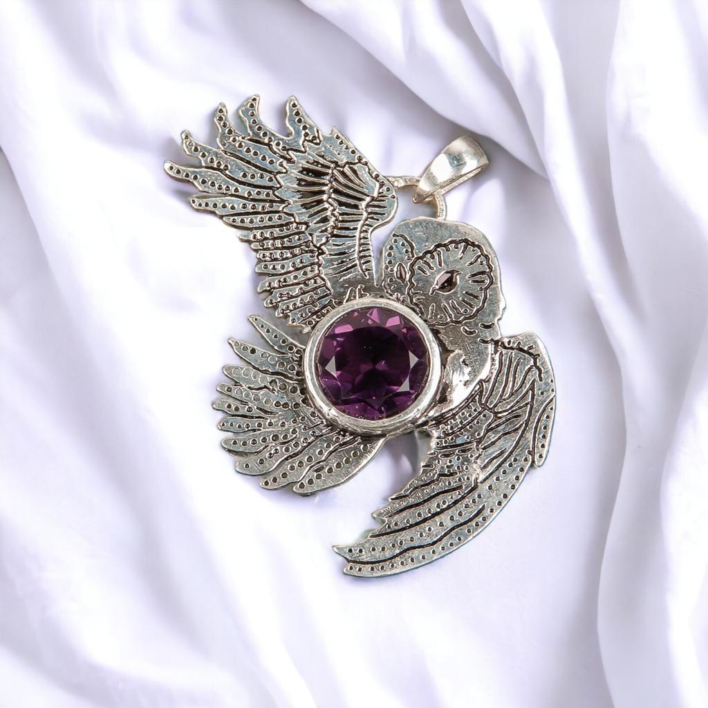 925 Sterling Silver Multi Gemstone Owl Designer Good Luck Jewelry Pendant 1.3" CP-16