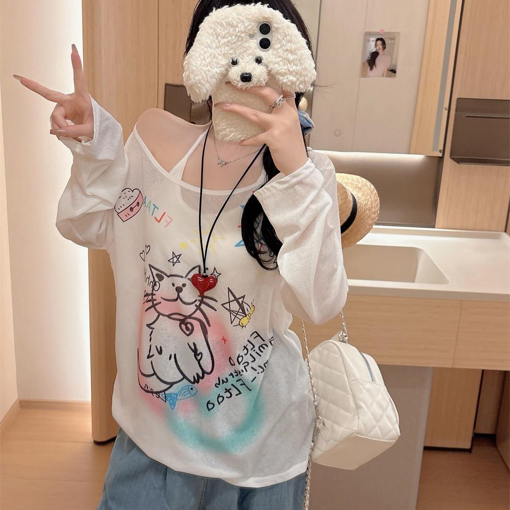 Summer Colorful Stripes Long Sleeve T-shirts Women's Casual Loose Thin Slightly Transparent Sun Protection Cover Tops T Shirt