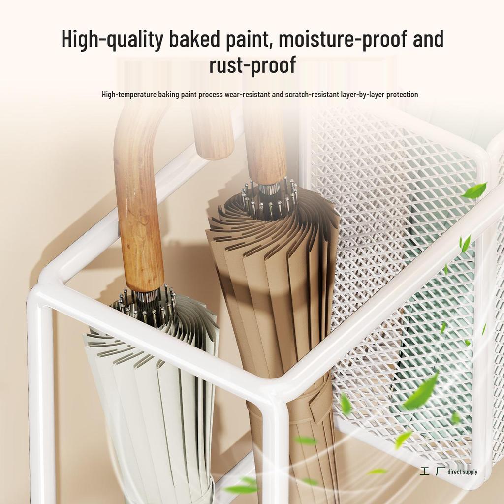 Wrought Iron Umbrella Stand: Compact Doorway Storage Rack & Draining Shelf
