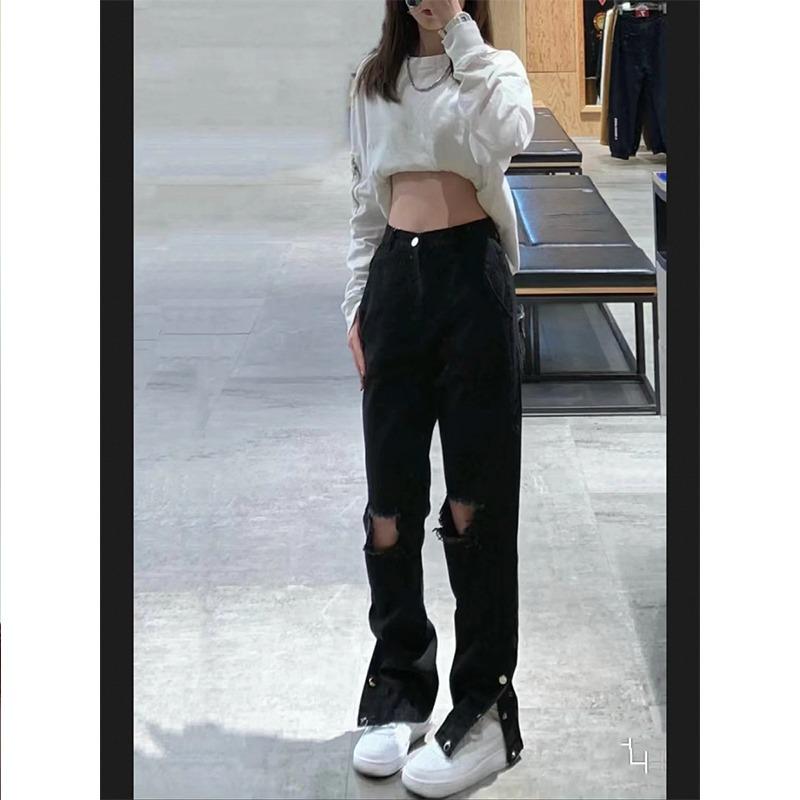 

Женские рваные черные джинсы хай-стрит: Новый приталенный крой, Летний тренд, Разрез, На пуговицах, С легкой пикантностью, Широкие брюки, Прямые брюки 2XL: Height 155-165CM (133-145 jin)