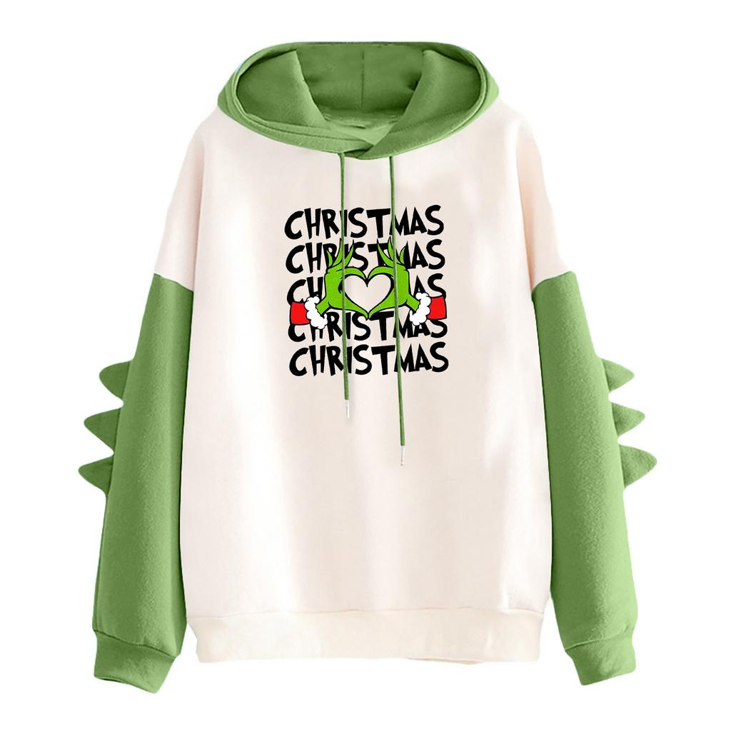 Women's Christmas Printed Contrasting Dinosaur Loose Casual Hoodie
