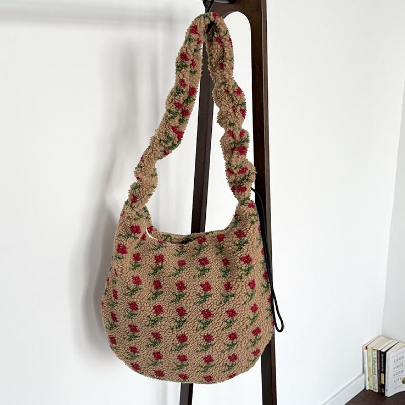 

Bohemian Knitted Hobo Bag Women s Vintage Ethnic Pattern Plush Shoulder Purse Soft Winter Large Capacity Commute Crochet Handbag 42x38cm хакі