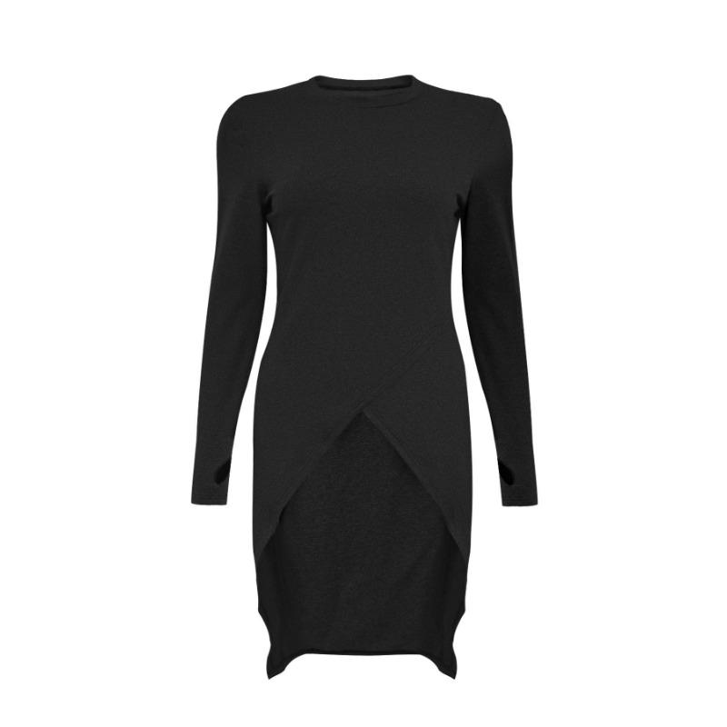 Women's New Solid-coloured Round Neck Long-sleeved Split Casual Temperament Commuting Mid-length Dresses