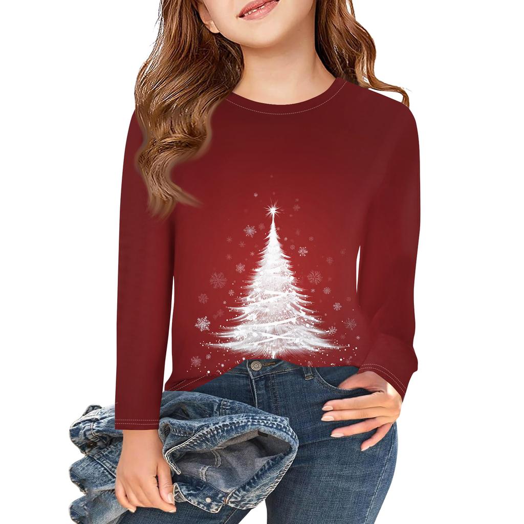 Christmas Day Girls Long Sleeve T Shirts Kids Fall Tops Crewneck Printed Basic Tees