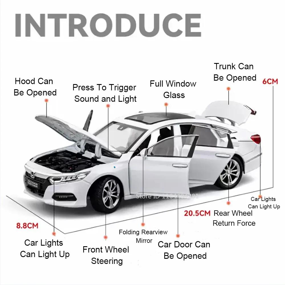 1:24 Honda Accord Models Toys Alloy Diecast Cars Front Wheel Steering Doors Opened Sound Light Pull Back Vehices Friend's Gifts
