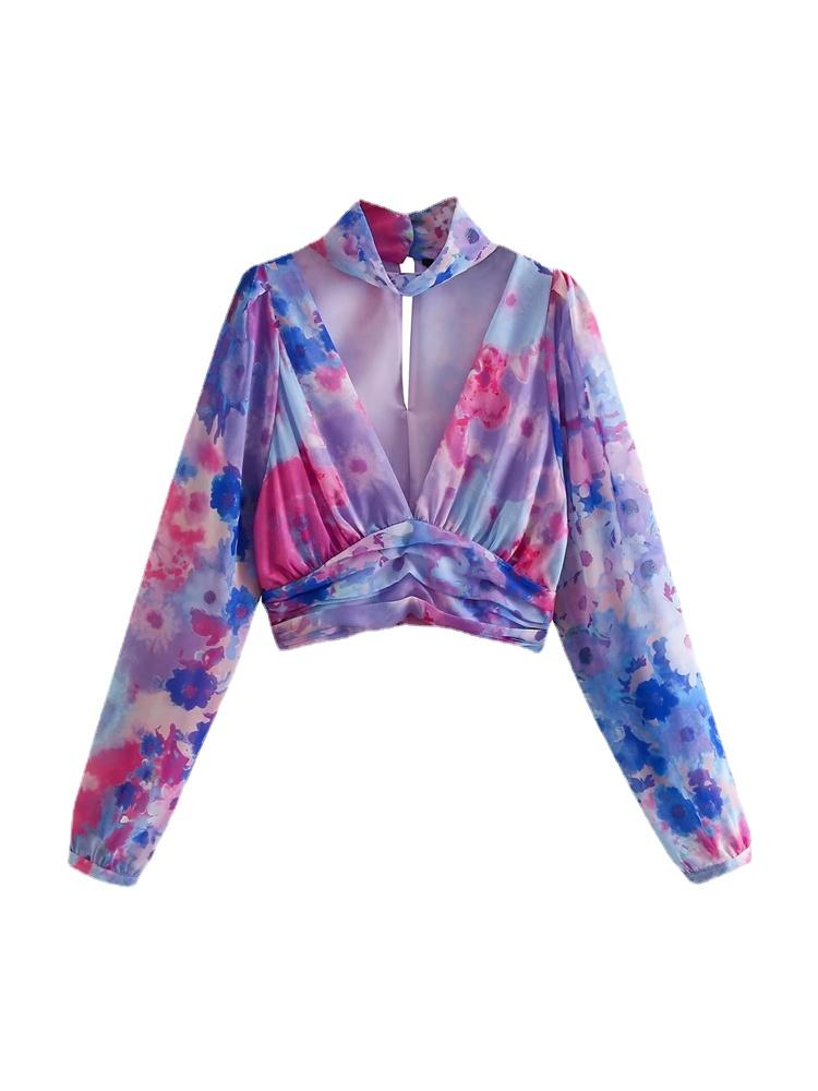 

MESTTRAF женская мода с цветочным принтом драпированная полупрозрачная укороченная блузка винтажная женская рубашка с глубоким v-образным вырезом и длинным рукавом Blusas шикарные топы