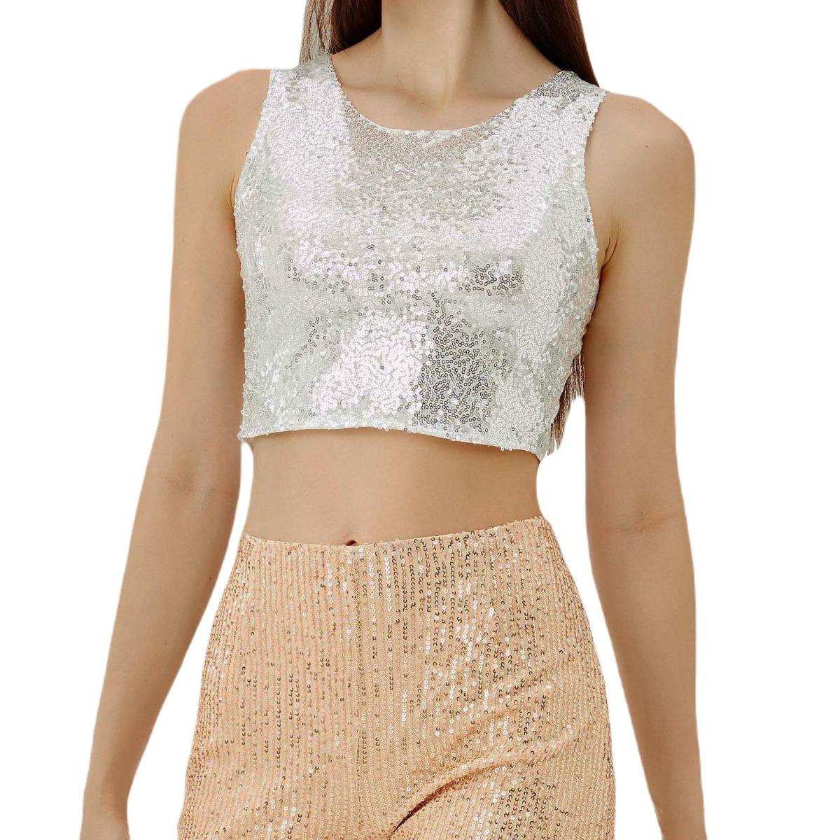 Women s Crew Neck Sleeveless Sequin Crop Top Slim Fit Streetwear Tank Top Party Vest S серебряный