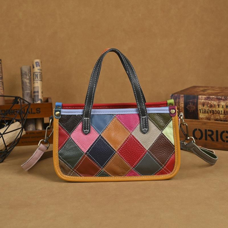 Johnature Borsa da Donna in Vera Pelle Retro Splicing Colore Casuale Borsa a Mano Versatile Morbida Pelle di Mucca Borsa a Spalla