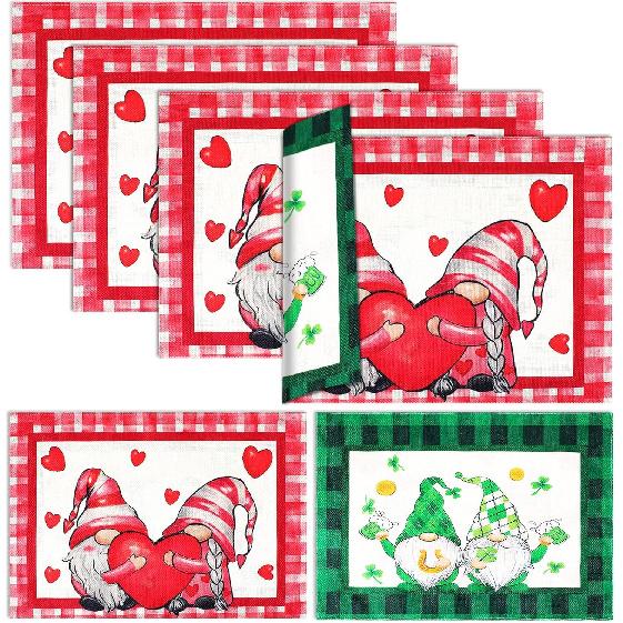 Valentine's Day Buffalo Plaid Placemats Set of 4 Double Sided St Patricks Day Valentines Placemats Decoration Set Farmhouse Table Holiday