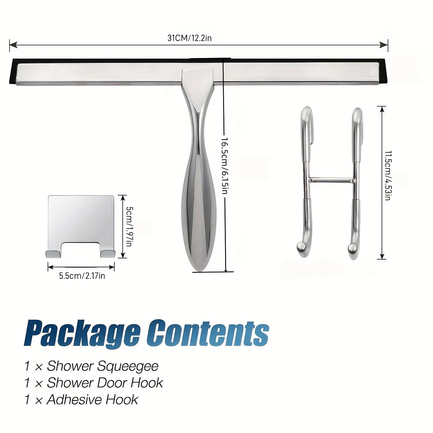 

Скребок для душа из нержавеющей стали и скребок для окон с эргономичной ручкой - Силиконовое лезвие без разводов, клейкий держатель и крючок для душевой двери для ванной комнаты
