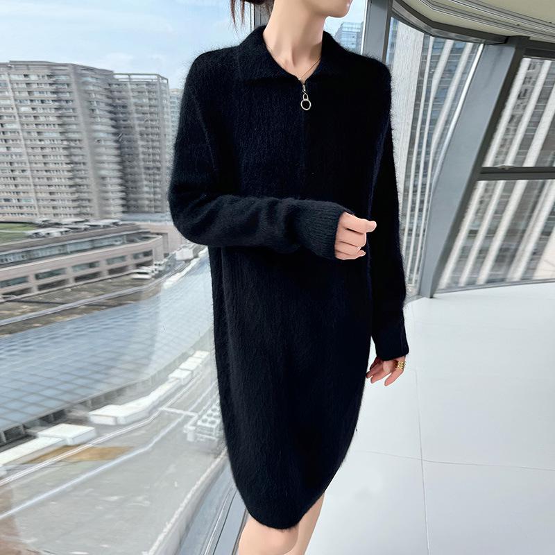 Women's French-Style Loose Mink Velvet Sweater Dress - Mid-Length, Thickened Cashmere Knit for Autumn/Winter
