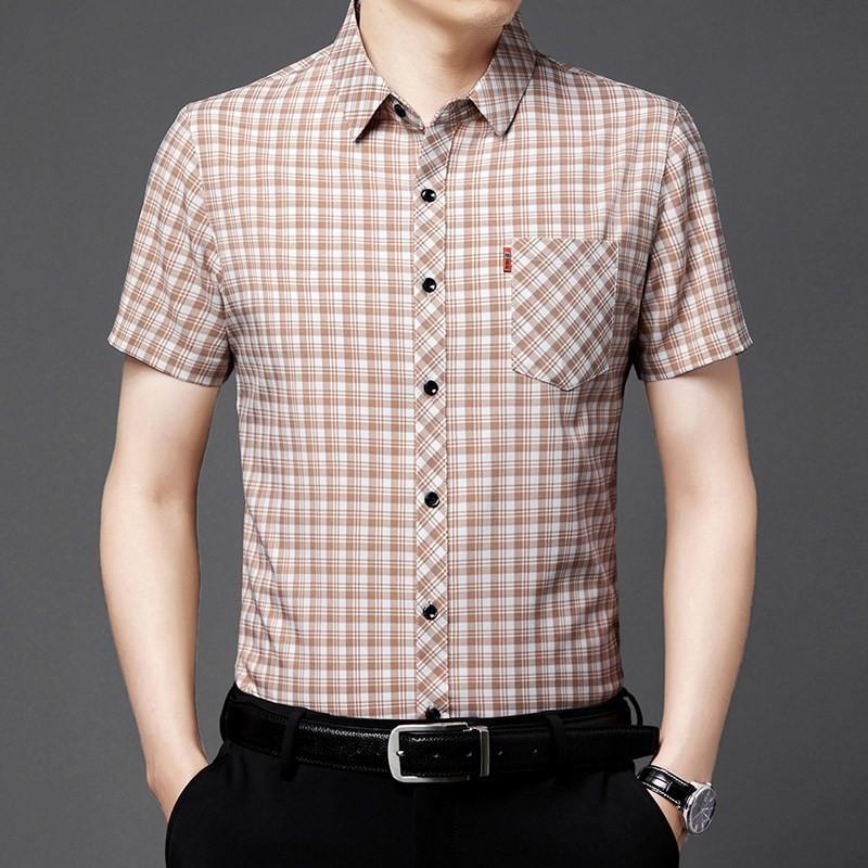 

Новая летняя мужская рубашка с короткими рукавами, негладкая повседневная клетчатая рубашка с карманом и половиной рукавов, мужская одежда для папы среднего и пожилого возраста L
