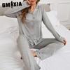 GMXIA Pyjamas Female Autumn and Winter Red New Year Christmas Ice Silk Long-sleeved Shirt Trousers Two-piece Homewear