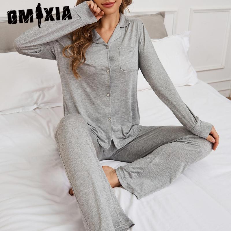 GMXIA Pyjamas Female Autumn and Winter Red New Year Christmas Ice Silk Long-sleeved Shirt Trousers Two-piece Homewear