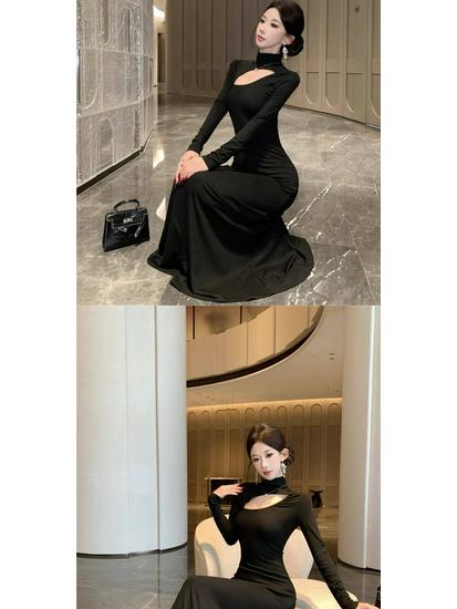 Elegant Black Plus Size Long Sleeve Hollow Dress with French Collar