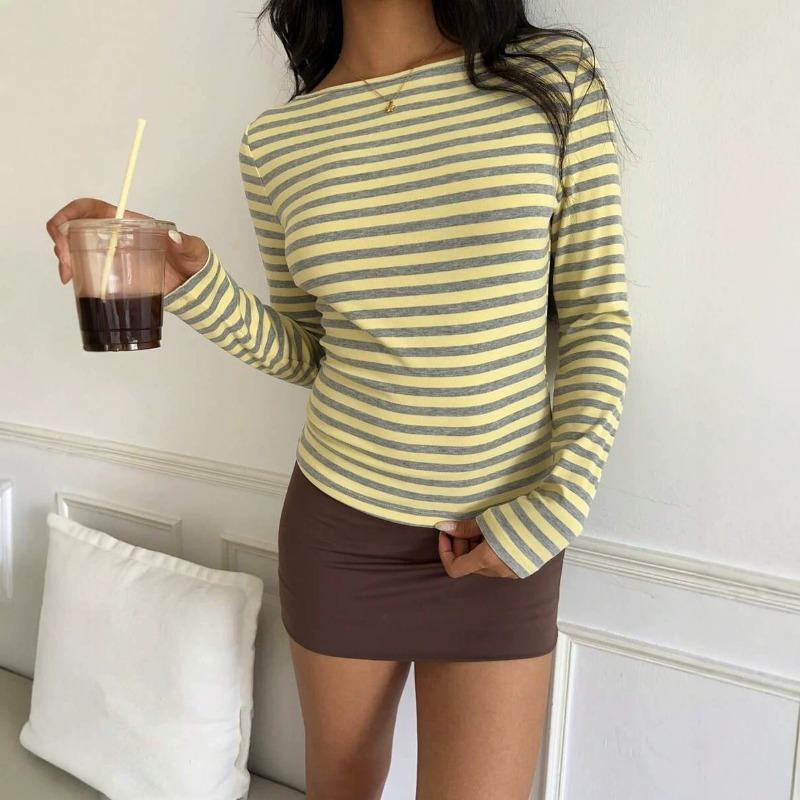 Women Color Matching Striped Slim Fit Long Sleeve Casual Basic T Shirt
