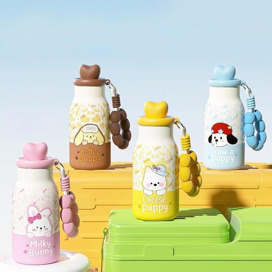 Yousheng Stainless Steel Insulated Water Bottle with Straw, 400ml Cartoon Thermal Cup for Women Girls, Leakproof Portable Travel Mug for Coffee Tea