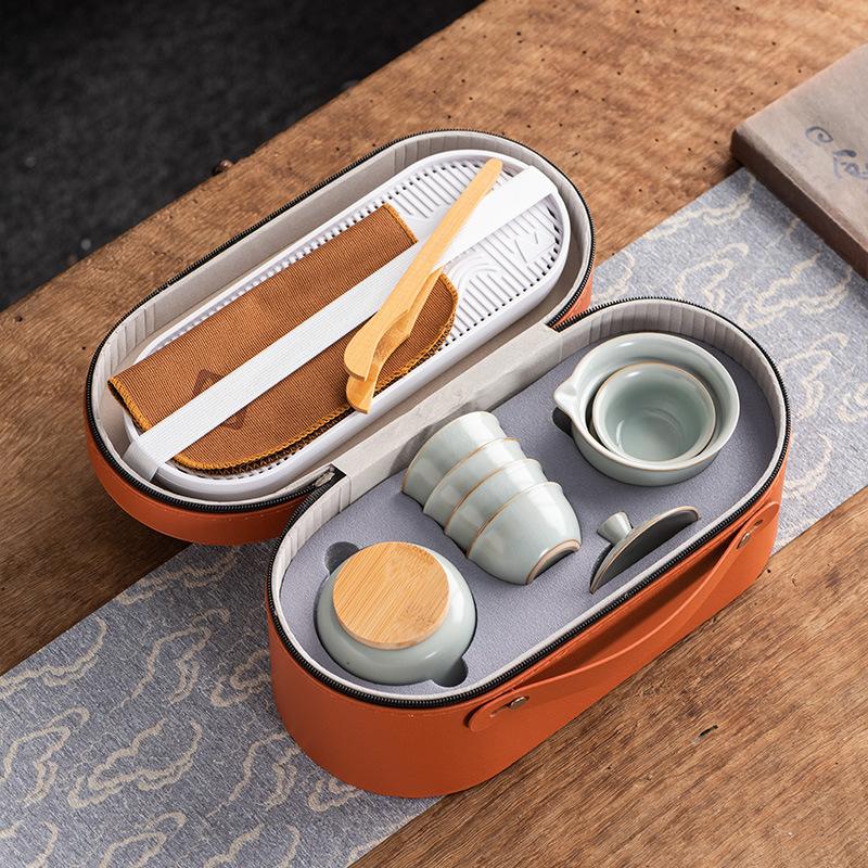 Celadon Ge Kiln Opening Film Can Raise Outdoor Portable Travel Tea Set, One Pot and Three Cups of Kuaike Tea Cup Gifts
