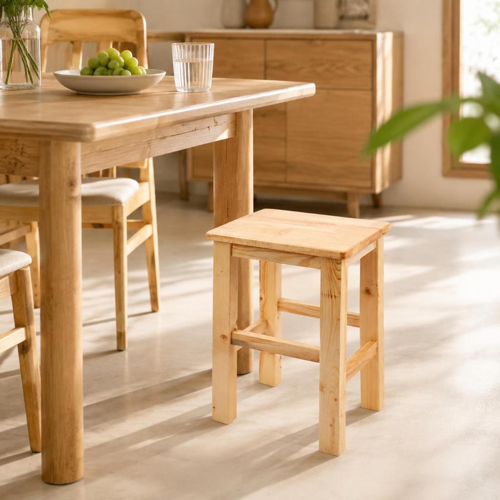 Solid Oak Wood Stool Sturdy with Rectangular Seat for Study Areas