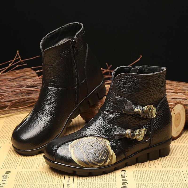 retro winter new  Luxury women Real leather Boots ladies ankle boots flat heeled butterfly bow with plush warm women shoes