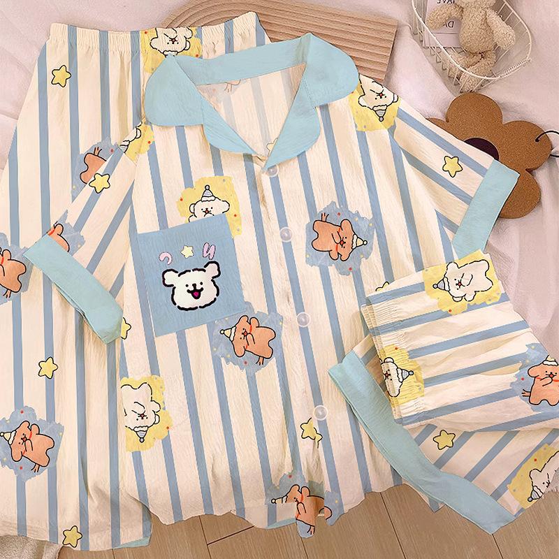 Line Puppy Small Fresh Striped Cloud Cotton Short-Sleeved Pajamas Women'S Summer Three-Piece Loungewear