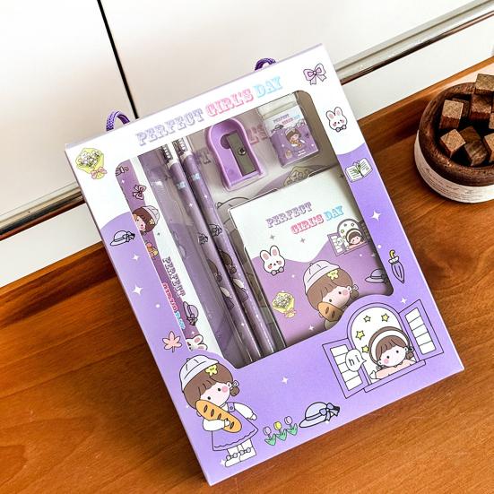 6Pcs Cute Stationery Set Portable Gift Box Kawaii Eraser Pencil Sharpener