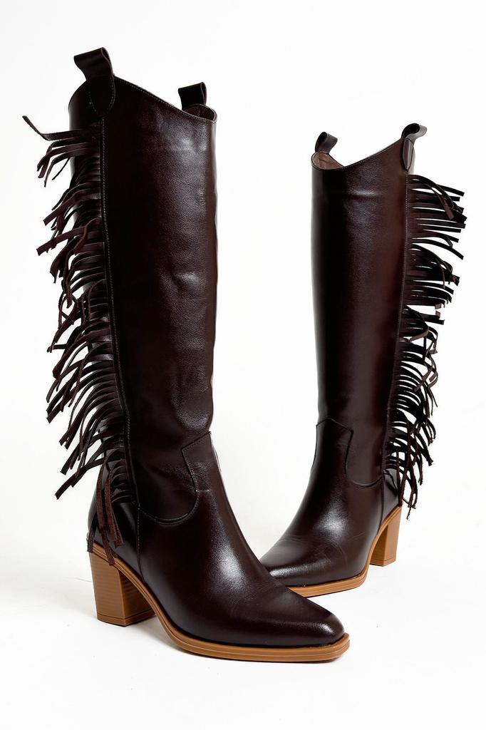 Women Modern Stylish Fashion Boots Genuine Leather Brown Genuine Leather Thick Heel Tassel Western Cowboy Boots