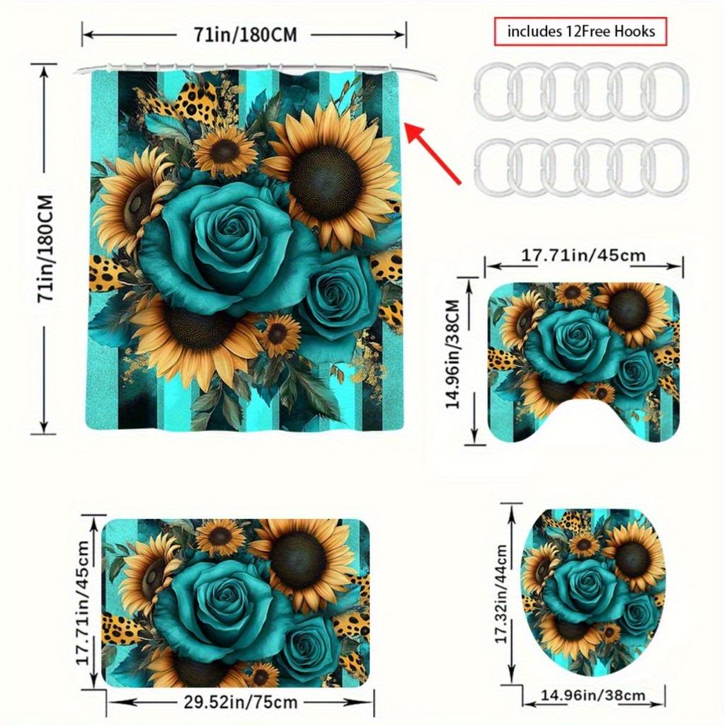 1/4Pcs Bathroom Shower Curtain Set   Rose And Sunflower Print Bathroom Curtain With 12 Hooks Non Slip Rugs Toilet Cover Mat Bathroom Partition