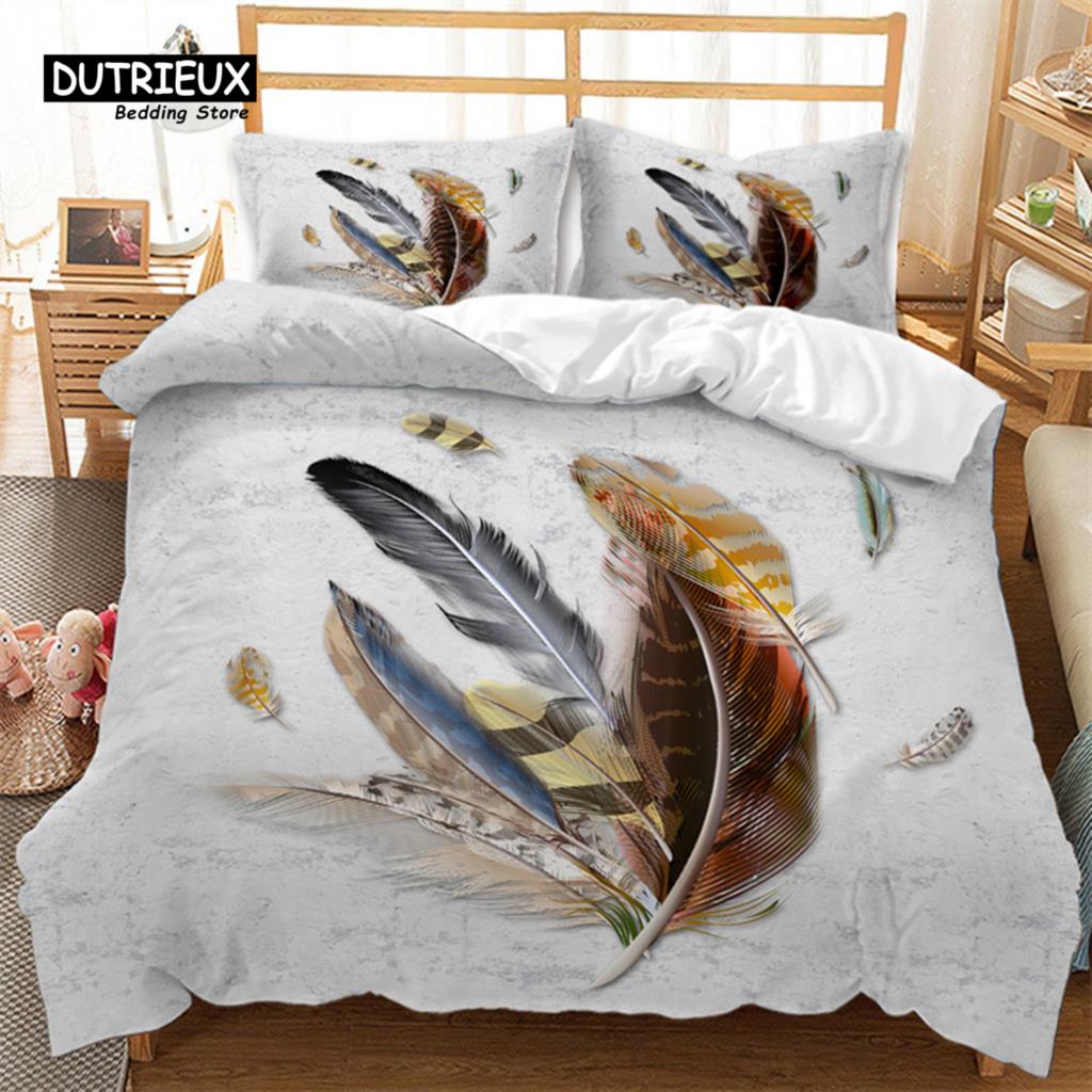 Feather Bedding Set Bohemia Style Abstract Geometric Print Duvet Cover Set Microfiber Comforter Cover King Queen For Kids Adults