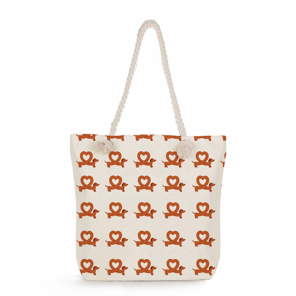 Sausage dog print thick rope single-shoulder beach bag 7284 CLE