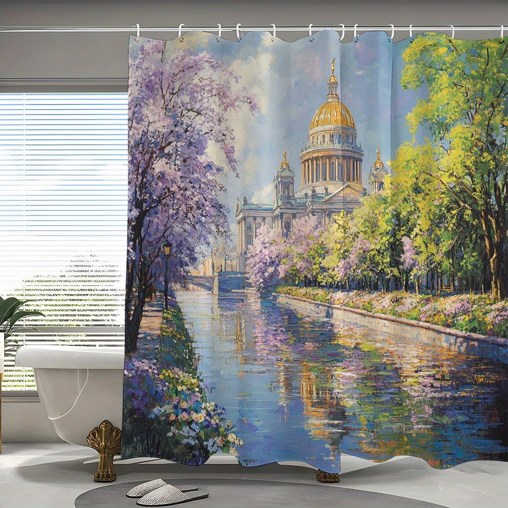 1pc High Quality Polyester Shower Curtain - Fantasy Riverside Castle Scenery Digital Printing, Bathroom Shower Curtain Set