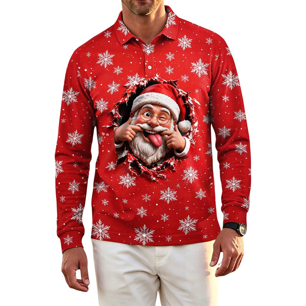 Men's Long Sleeve Golf Shirt Quick-Dry Mesh Casual Top with Christmas Print for Holiday Wear
