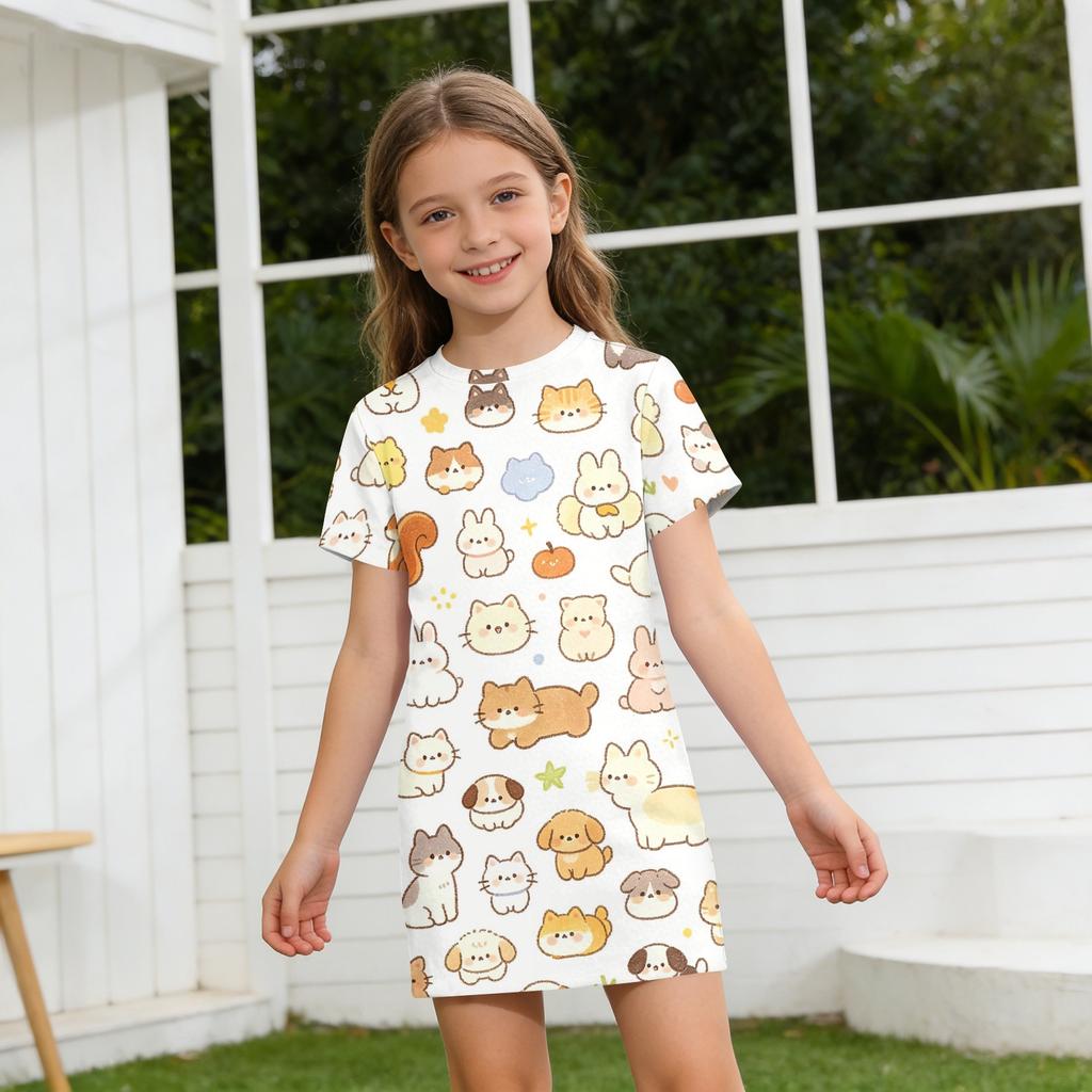 Girls Animal Print Dress Loose Fit Short Sleeve Round Neck Lightweight Summer Dress for Kids Casual Wear