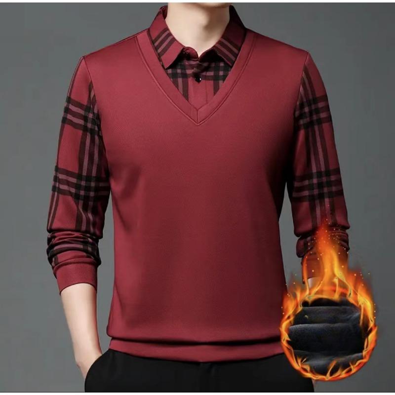 Toamnă și iarnă Îmbrăcăminte caldă pentru bărbați, fără sudură, cămașă falsă din două piese, plus catifea, falsă, din două piese, cămașă casual cu guler pentru tată