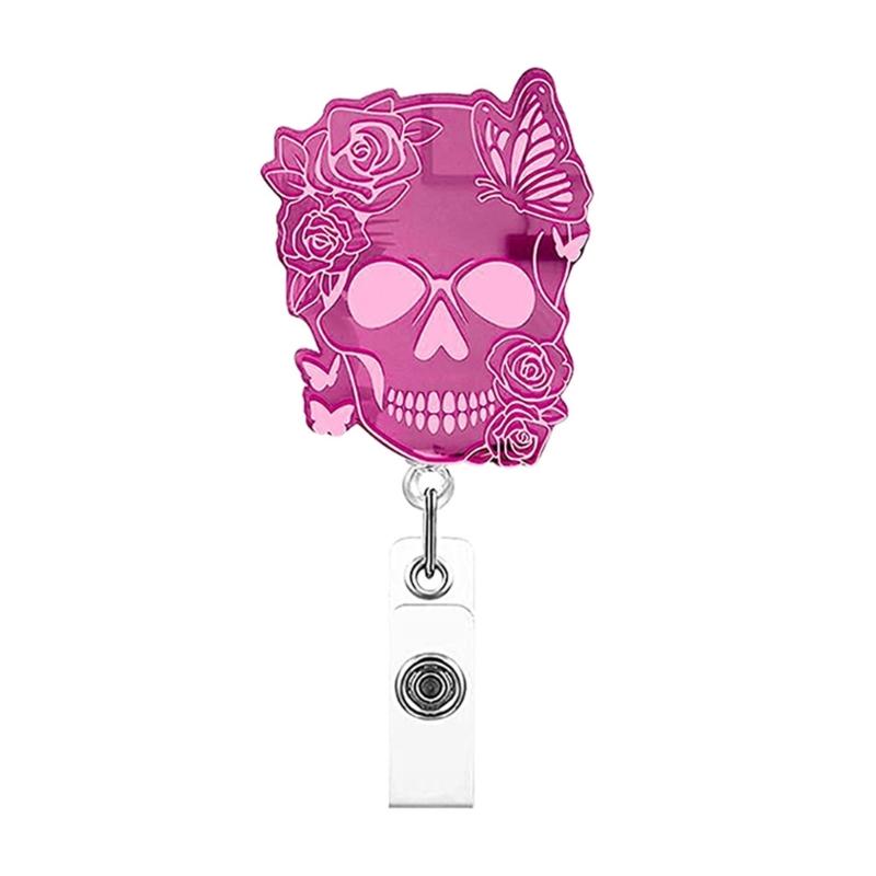 Retractable Keychain Name Card Holder Acrylic Carabiner Holder Skull Name Card Holder ID Badge Holder for Office School