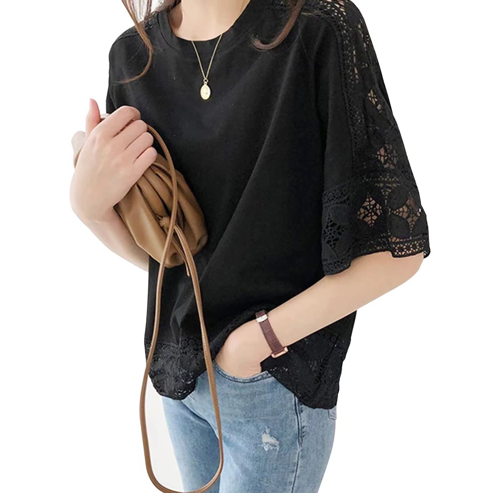 

Large Crew Body Autumn [KumiModa] Women s T-shirt, 5/8 Sleeve, Lace, Floral, Embroidered, Top, Size, Neck, Cute, Slimming, Covering, Beautiful,