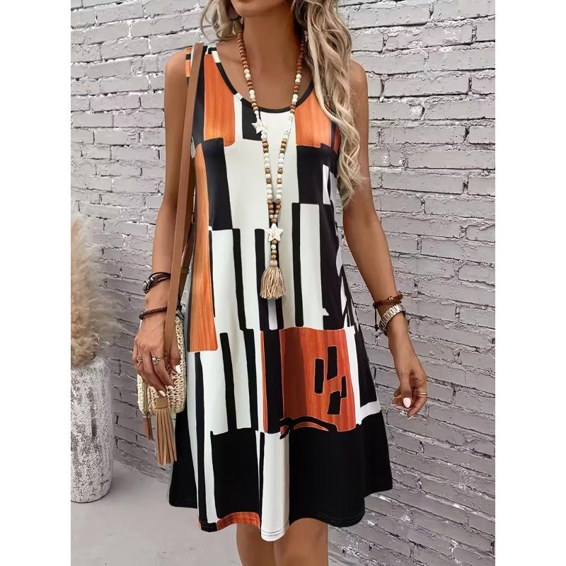 3D Digital Printed Sleeveless Plus Size Women's Dress Fashion Flower Pattern Elastic O Neck Summer Dress