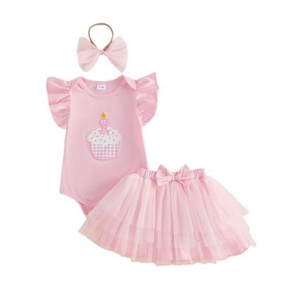 Baby Girl First Birthday Outfit Cupcake Embroidered Flying Sleeve Romper Tulle Skirt and Bow Headband 3 Piece Set
