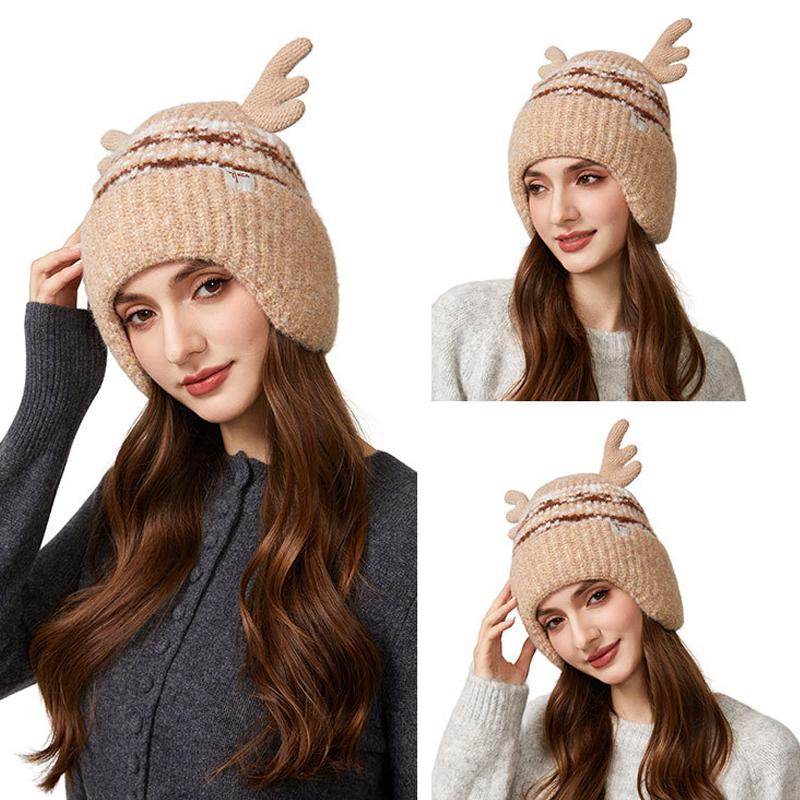 Christmas Antler Knitted Hat Women's Autumn Winter Warm Wool Hat Velvet Ear Protection Cap