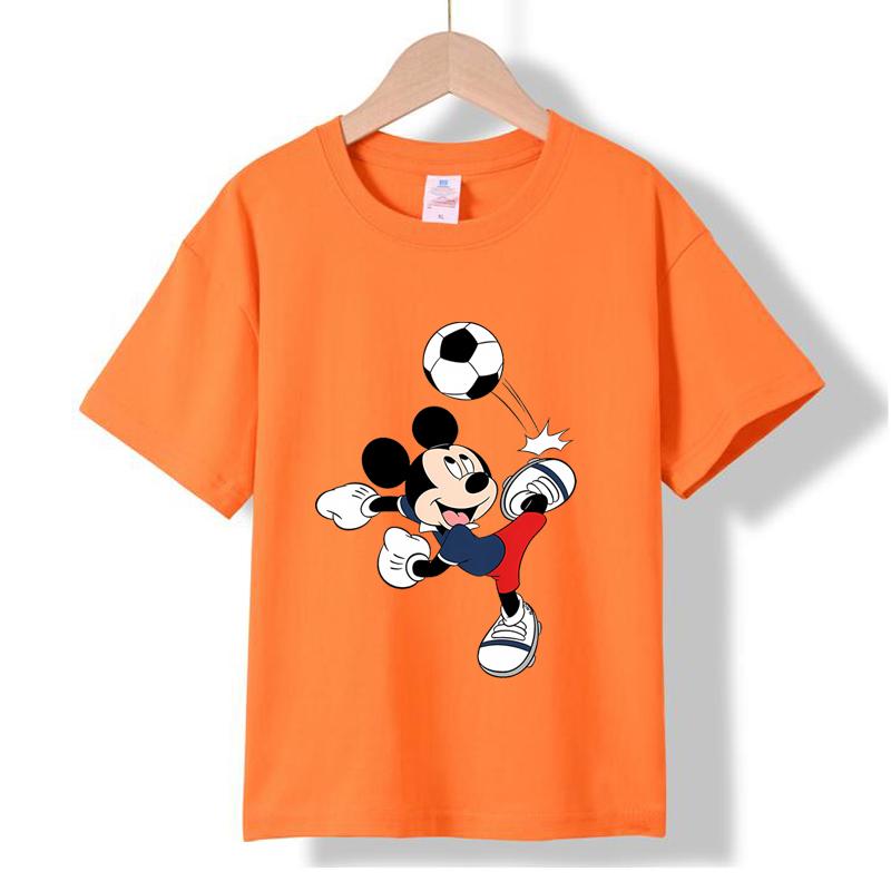 MC-97 MINISO 2026 Summer Mickey Mouse Soccer Kids 100% Cotton T-Shirt Boys Sports Cartoon Print Short Sleeve Top