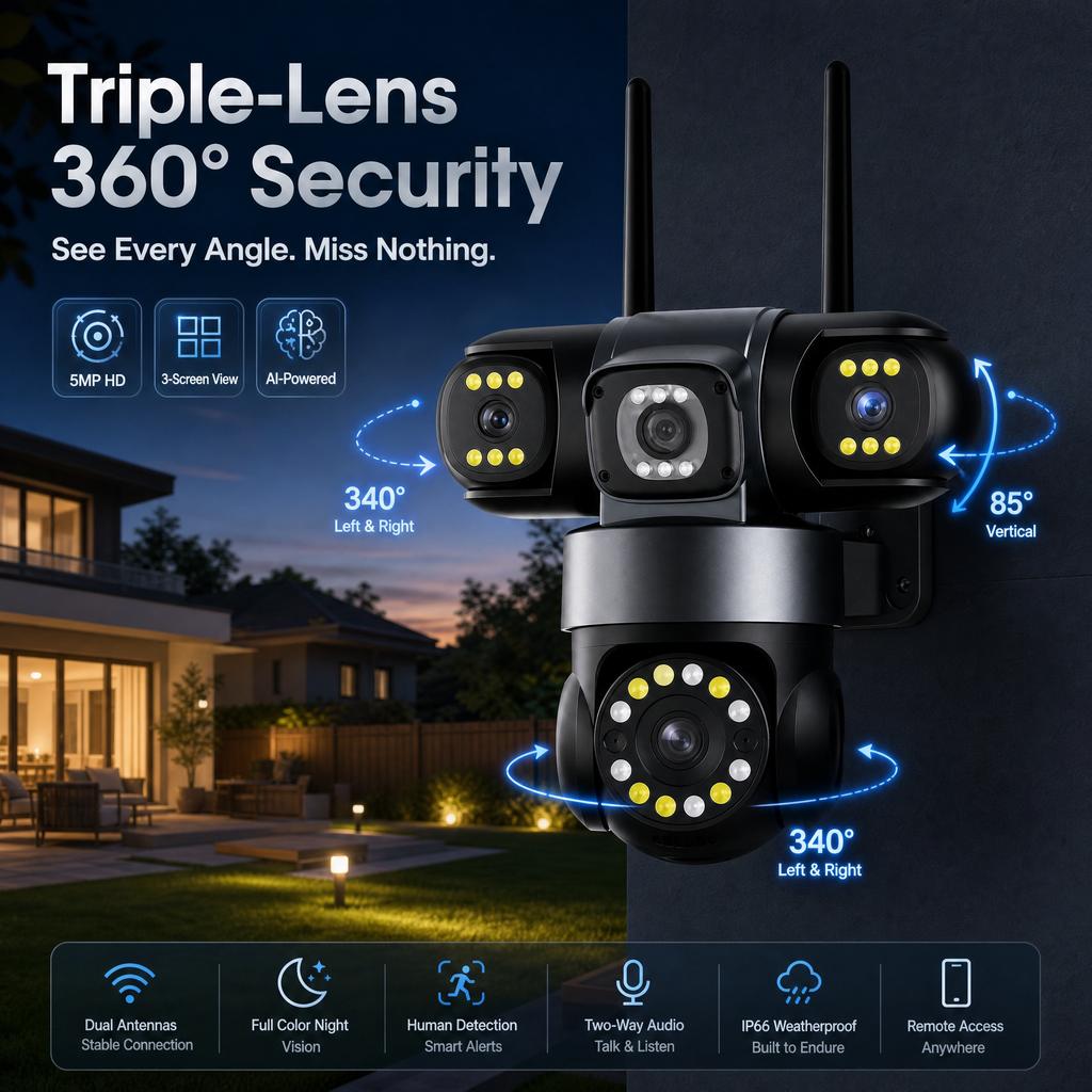 YOOSEE Ai APP Camera Outdoor Waterproof HD 6MP WIFI IP CCTV Night Vision Two-Way Intercom Smart Camera PIR Mobile Tracking Three Lens Camera