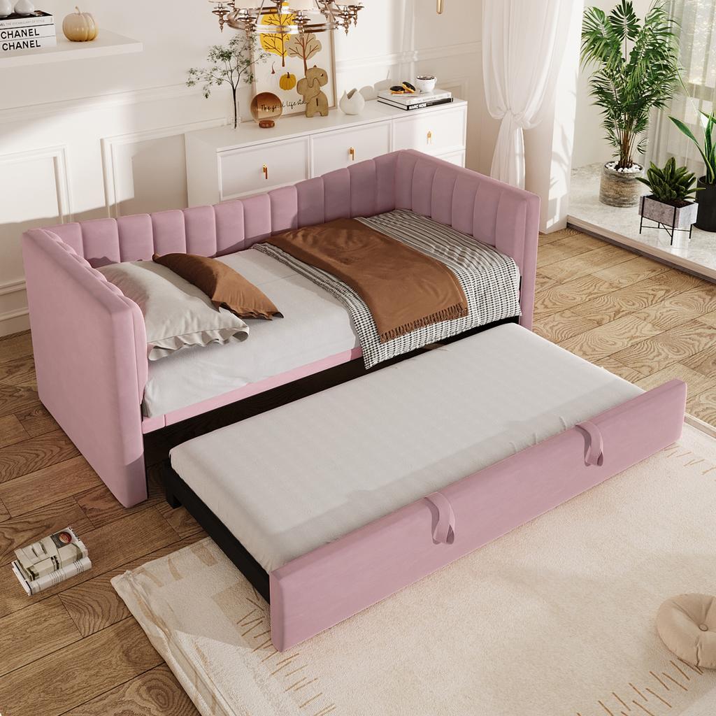 Daybed, 90 X 200 Cm (180 X 200 Cm) Upholstered Bed with Trundle Bed, Sofa Bed, Single Bed, Double Bed (Without Mattress), Velvet, Pink